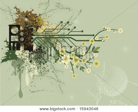 抽象花卉背景与 grunge 和电路的详细信息，矢量图系列。