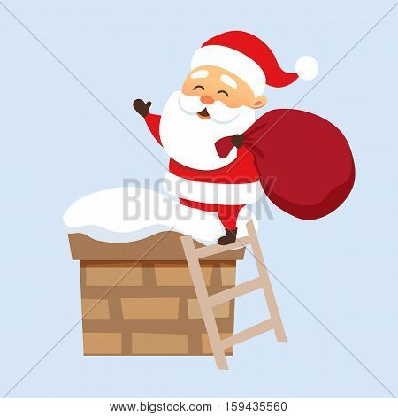 Santa Claus Christmas illustration. Santa Claus climbs on the roof chimney on the stairs and hold bag . Christmas character design. Father Frost