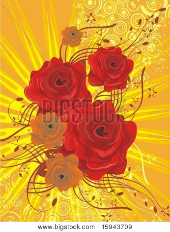 与红玫瑰、 lightrays 和 grunge 的详细信息、 矢量插图系列的花卉背景。