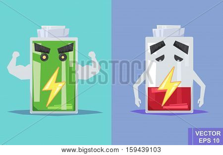 Low Battery And Full. Vector Flat Illustration. Cartoon Image