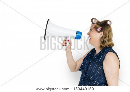 Woman Smiling Happiness Megaphone Announcement Concept