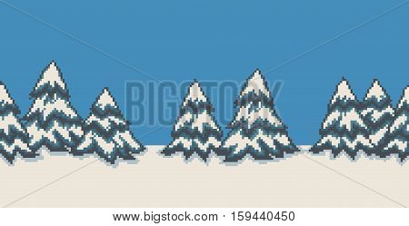 Pixel art seamless background with many spruce christmas trees in snow