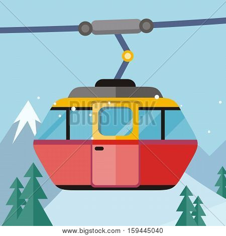 Cable car vector illustration. Flat design. Cab for people transportation on ropeway, winter mountain landscape in background. Cold season entertainments and outdoor activity. For ski resort ad