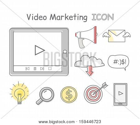 Video marketing icons isolated on white. Collection of video marketing icons. Items to promote products and services based on video. Online video, internet technology and media social marketing