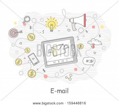 E-mail. Video marketing. Approaches, methods and measures to promote products and services based on video. Video marketing business flat. Online video, internet technology and media social marketing