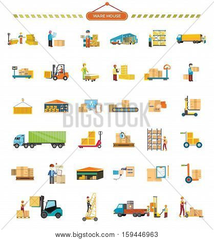 Set of Warehouse icons. Flat design. Warehouse, elevator, container, truck, ladder, conveyor, weight, hangar, package box worker messenger courier pictograms for cargo and delivery services