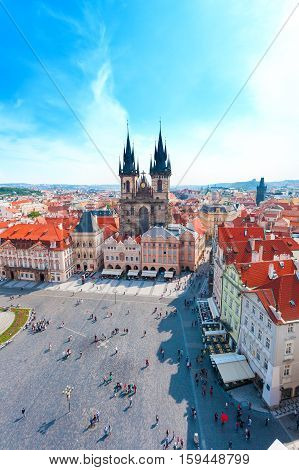 Kostel Panny Marie pred Tynem. Church of the Virgin Mary. Old Town Square in Prague with Tyn church from Clock Tower.