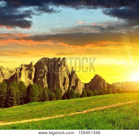 Beautiful mountain landscape at sunset. Valle del Vajolet in Dolomites,Italien Alps