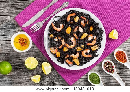 Delicious Cuttlefish Ink Black Noodles With Prawns And Mussels