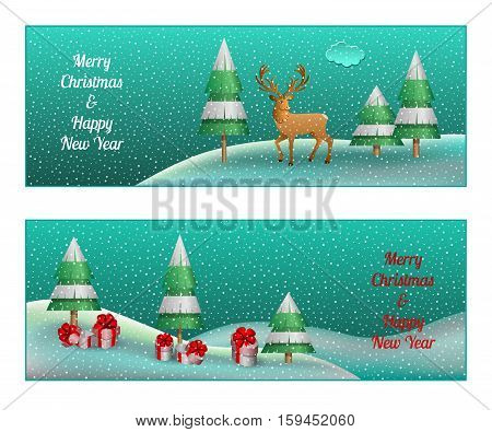 Two Christmas banners with presents,snow, forest, hils and reindeer. Vector illustration.