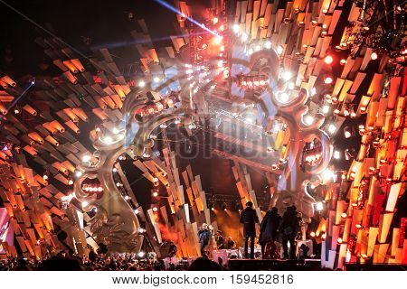 POLAND KRAKOW - JANUARY 01 2015: Celebrating the New Year 2015. People watch the festive show on the Main Market Square in historical center of Krakow.