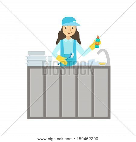 Girl Washing Dishes In The Tap, Cleaning Service Professional Cleaner In Uniform Cleaning In The Household. Person Working In Housekeeping At Work Doing Clean Up Vector Illustration.
