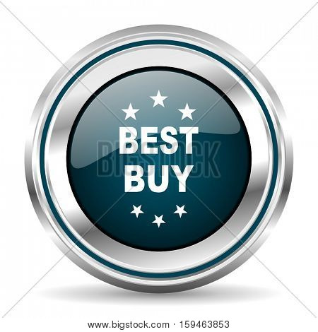 Best buy vector icon. Chrome border round web button. Silver metallic pushbutton.