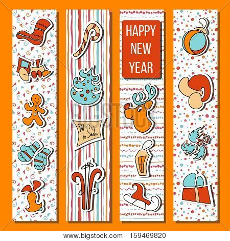 Happy New Year time set in stripes. Four boarded vertical stripes with deer bell toy gingerbread candy cane fir socks lantern. For greetings postcard banner elements for prints decoration