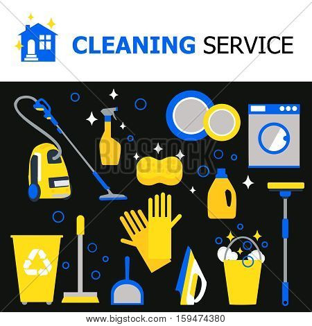 Cleaning equipment collection with hoover iron bucket washing machine gloves broom spray sponge mop isolated vector illustration