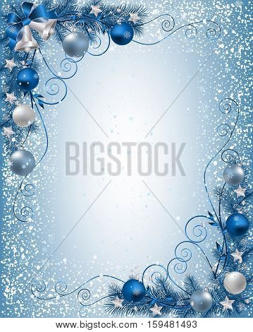 Christmas background with fir branch border with ribbons and Christmas decorations.