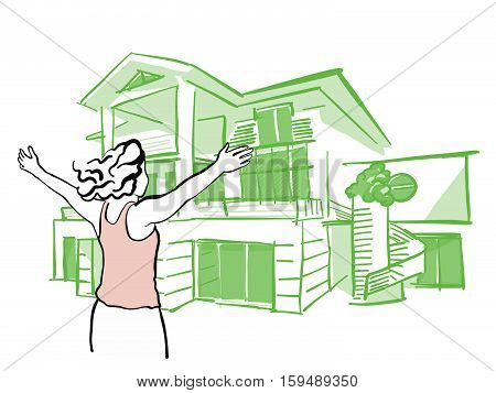 Woman Is Pulling Arms Upwards In Front Of Dream House