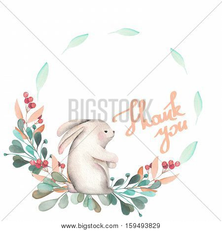 Illustration, wreath with watercolor rabbit, green branches and red berries, hand drawn isolated on a white background, invitation, greeting card