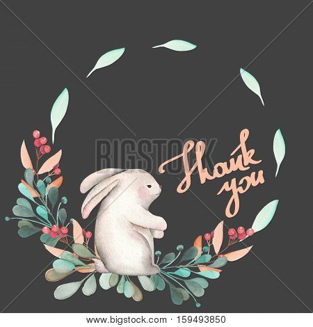 Illustration, wreath with watercolor rabbit, green branches and red berries, hand drawn isolated on a dark background, invitation, greeting card