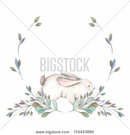 Illustration, wreath with watercolor rabbit and green branches, hand drawn isolated on a white background, invitation, greeting card