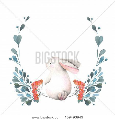 Illustration, wreath with watercolor rabbit, green branches and red berries, hand drawn isolated on a white background, invitation, greeting card