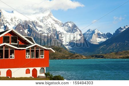 Lake House. Hotel Pehoe On The Shore Of Pehoe Lake In Tprres Del Paine National Park, Chile, South A