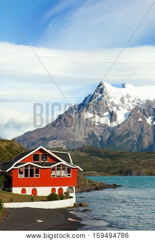 Lake House. Hotel Pehoe On The Shore Of Pehoe Lake In Tprres Del Paine National Park, Chile, South A