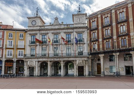 Burgos Spain - August 29 2016: Town hall of the city with porticoed arches to be able to join the square with the promenade