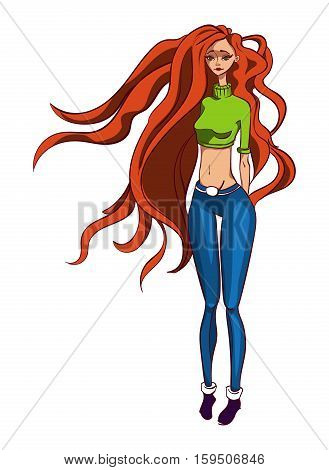Female character. Sexy Girl with long red hair. In jeans and top. She's got sexy eyes and bared belly. Vector cartoon illustration.