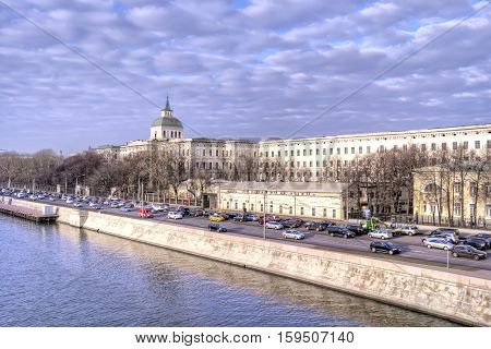 MOSCOW RUSSIA - November 22.2014: Moskva river and the road on the Moskvoretskaya Embankment of the side Kremlin