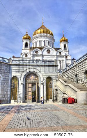 MOSCOW RUSSIA - May 02.2016: Service entrance from the side of the embankment river Moskva in Cathedral of Christ the Saviour