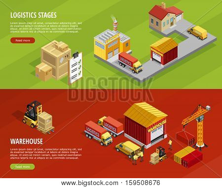Logistics isometric horizontal banners with steps of delivery and transportation processes vector illustration
