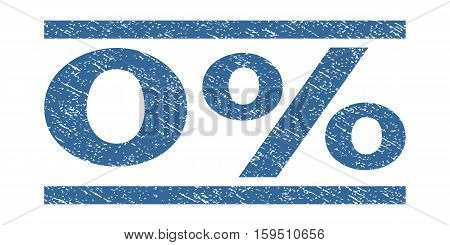0 Percent watermark stamp. Text caption between horizontal parallel lines with grunge design style. Rubber seal cobalt blue stamp with scratched texture. Vector ink imprint on a white background.