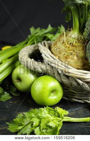 Green vegetables and fruits - celery apples celery root celeriac broccoli healthy diet concept