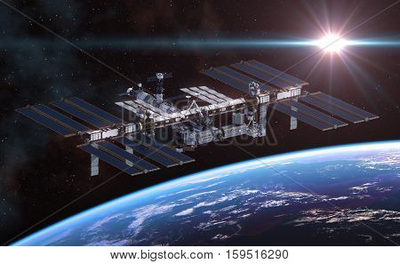 International Space Station Orbiting Earth. 3D Illustration.
