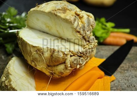 Celery root - celeriac source of vitamine fresh healthy vegetable wedge