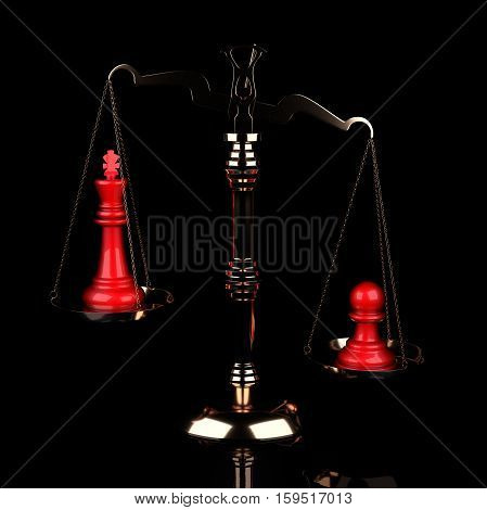Value of Chessmen Scale Red King Vs Pawn on Black Background. 3d illustration