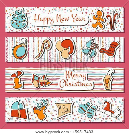Christmas and New Year eve time set in stripes. Four horizontal stripes with deer bell toy gingerbread candy cane fir sock lantern. greetings postcard banner elements for prints decoration