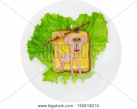 creative sandwich with cheese and salame monkey shape