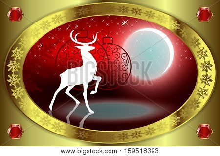 Red Christmas design with gold border, deer with raised paw standing on a smooth surface and shines bright moon
