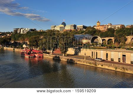 TBILISI GEORGIA - SEPTEMBER 27: View of the riverside of Tbilisi city centre Georgia on September 27 2015. Tbilisi is the capital and largest city of Georgia.