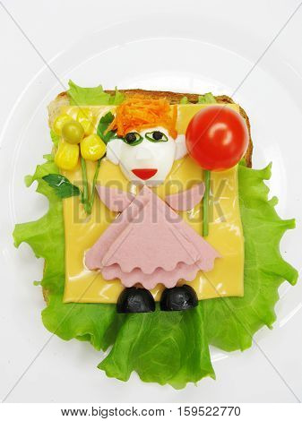 creative sandwich with cheese and salame girl shape