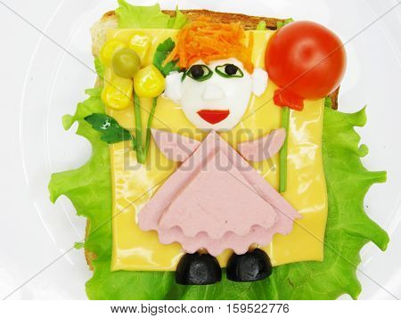 creative sandwich with cheese and salame girl shape