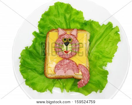 creative sandwich with cheese and salame cat shape