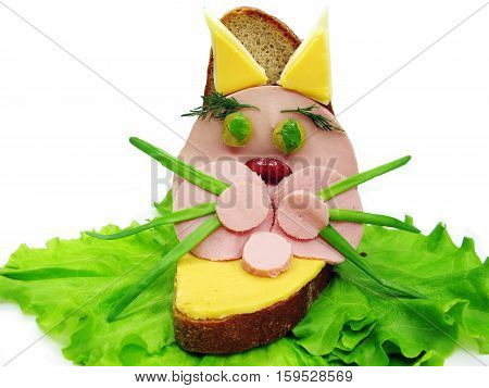 creative sandwich with cheese and salame cat shape