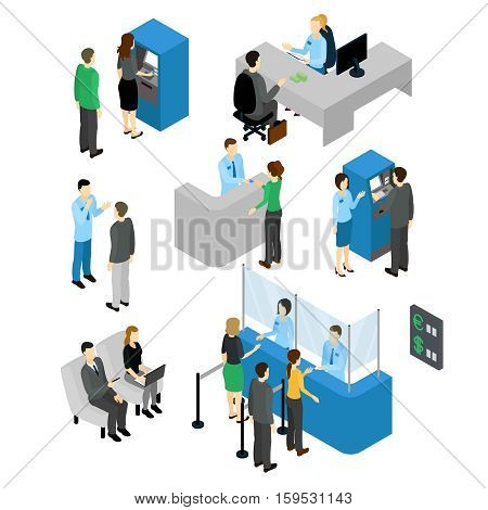 People in bank isometric set with employees and clients atm machine and currency exchange isolated vector illustration