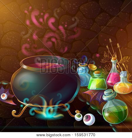 Magic Bottles of potion composition with large pot and ingredients for potion around vector illustration