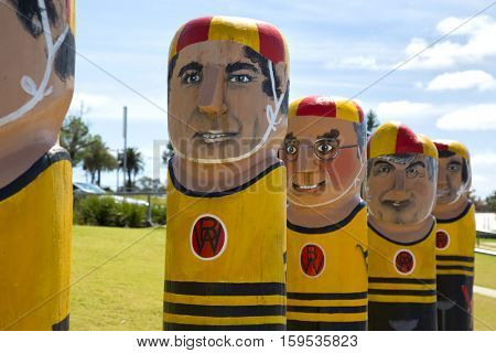GEELONG, AUSTRALIA - OCTOBER 23, 2016:  Some of the 104 different bollards in Geelong along the baywalk.  All made by Jan Mitchell and represent a chronicle of the city's past.
