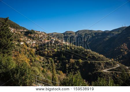 Scenic Mountain Autumn Landscape With  Village Langadia, Peloponnese, Greece