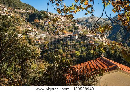 Scenic Mountain Autumn Landscape With  Village Langadia, Peloponnese, Greece